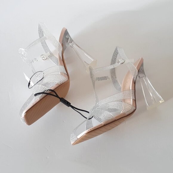 NWT Zara transparent rhinestone embellished vinyl heeled cage strappy sandals - Picture 9 of 15